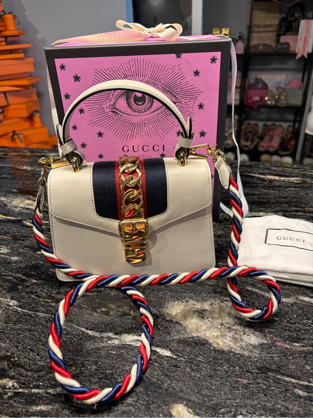 Gucci Cream Leather Top Handle Satchel with Red & Navy Accents